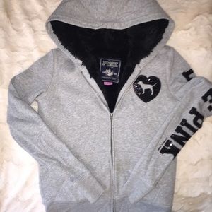 VS Pink - "Love Pink" Grey Fur Lined Sequin Hoodie